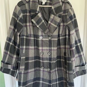Catherines Gray Plaid Double-Breasted Pea Coat with Purple Accents